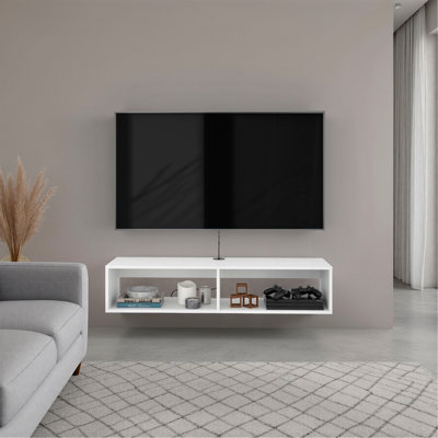 Meuble télé arctique blanc avec tablettes ouvertes pour rangement, design moderne, blanc