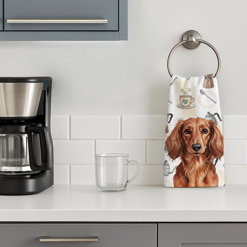 Longhaired Red Dachshund Coffee Bar Kitchen Towel, Longhaired Red Dachshund