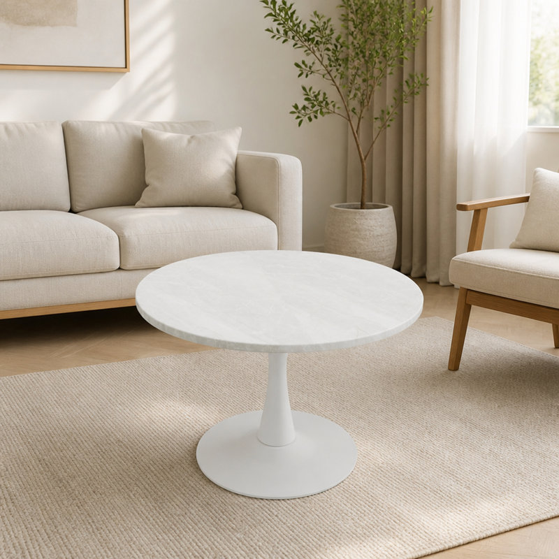 Table basse de 27,6 po blanche, table de salle à manger de style Mid-Century moderne pour 2 à 4 personnes, plateau de table rond en marbre veiné de blanc, parfaite pour divers espaces