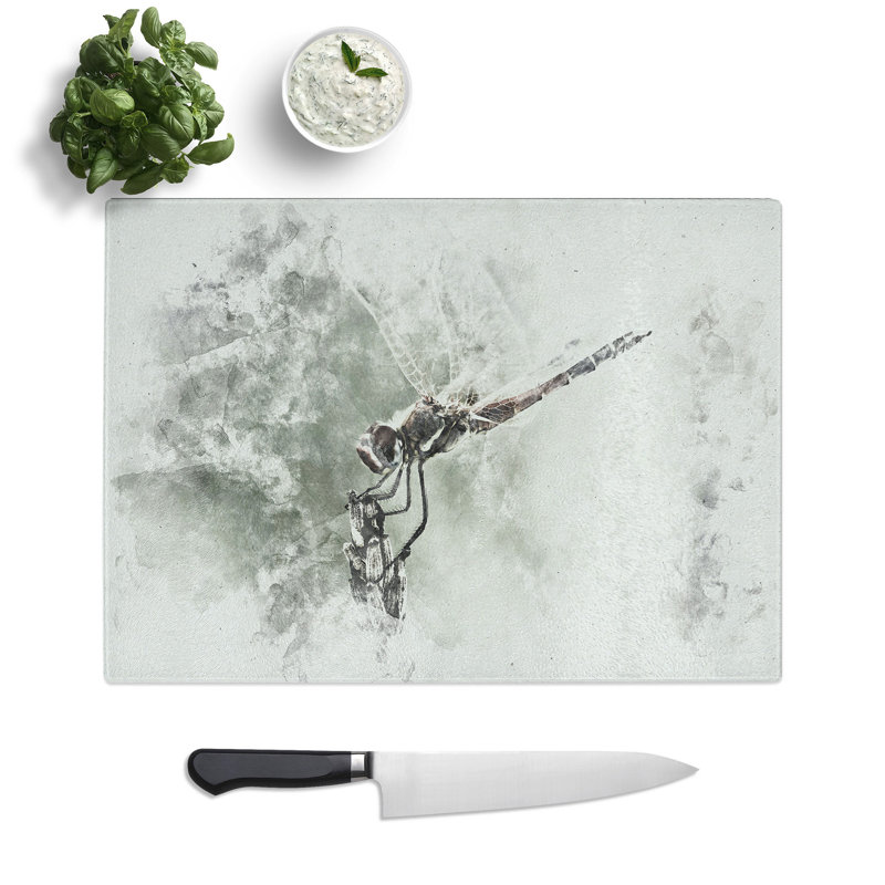 Tempered Glass Perched Dragonfly Chopping Board, 28.5 cm x 39 cm