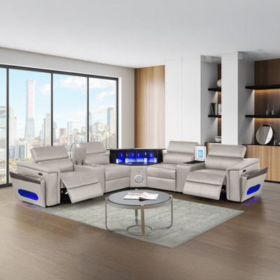 Smart Lounge Luxury Power Reclining Sectional Sofa with LED Reading Light Console and Built-In Fridge Console, USB & Wireless Charging