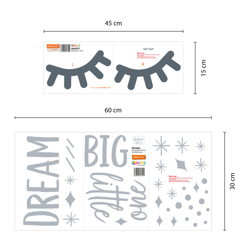Ensemble de décalcomanie murale 38 pièces Dream Big Little One, Grey