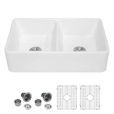 Pdpbath 33'' L Farmhouse / Apron Double Bowl Ceramic Kitchen Sink
