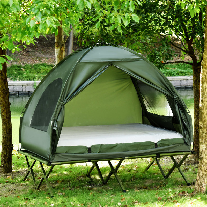 Lit de camp pliable pour 2 personnes avec tente, couvre-lit et matelas gonflable épais Outsunny