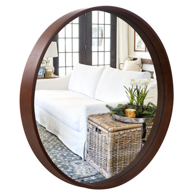 Wood Round Wall Mirror for Bathroom Bedroom Vanity Home Decoration