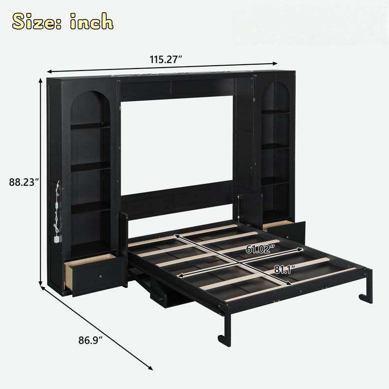 Murphy Platform Bed With Side Cabinets, Drawers And Led, Black