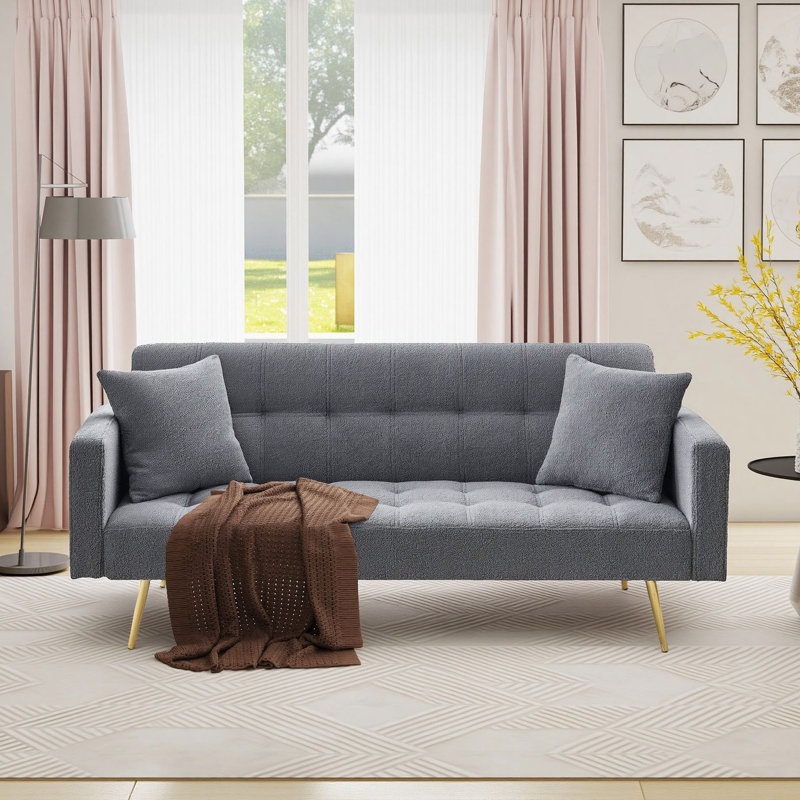 Quiniya 71.26" Modern Velvet Sofa Bed Folding Couch with Two Throw Pillows for Living Room, Gray Teddy