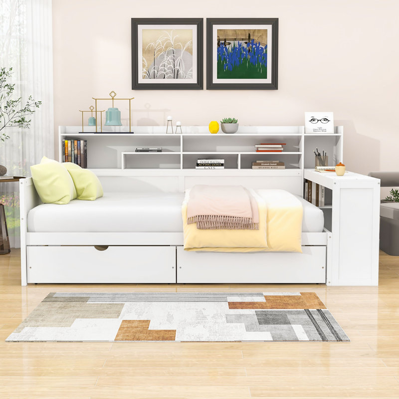 Wood Daybed with Storage Shelves,2 Storage Drawers and Study Desk, Full, Antique White