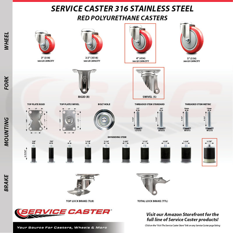 Polyurethane Casters, Red, 1-1/4" expanding stem