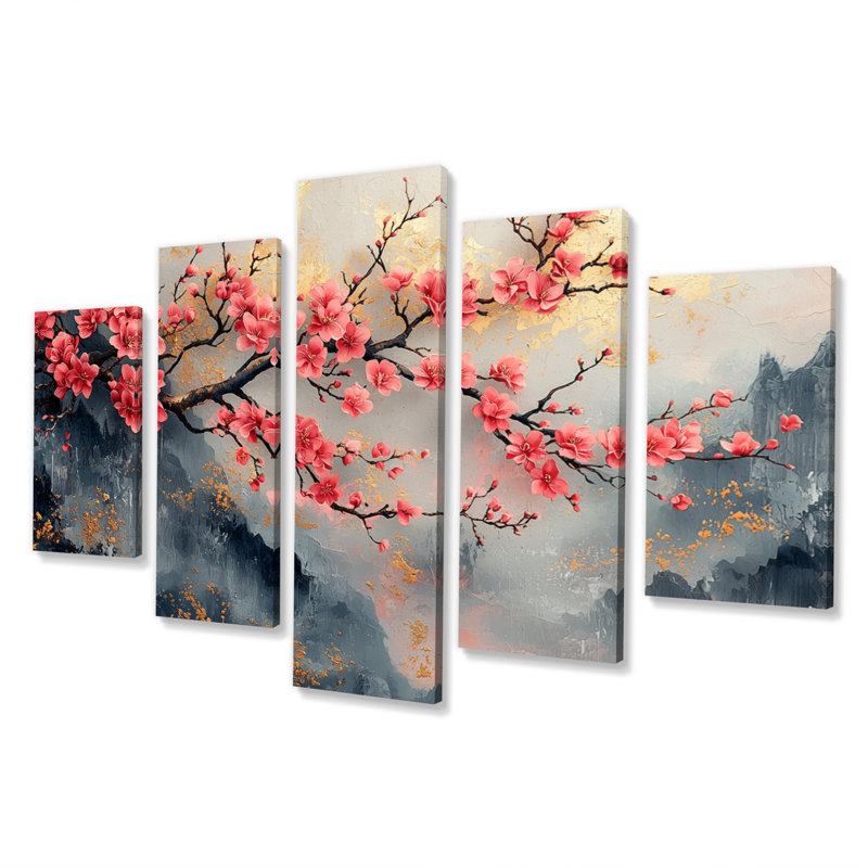 Rose et bleu, cerisier en fleurs, arbre en Chine, ensemble d'art mural sur toile