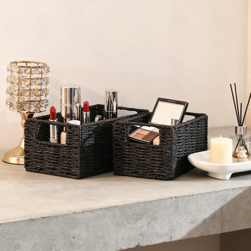 Hand-Woven Paper Rope Storage Basket Set Of 2, Collapsible Wicker Organizer Bins With Handles For Toilet Paper, Towels, And Household Essentials
