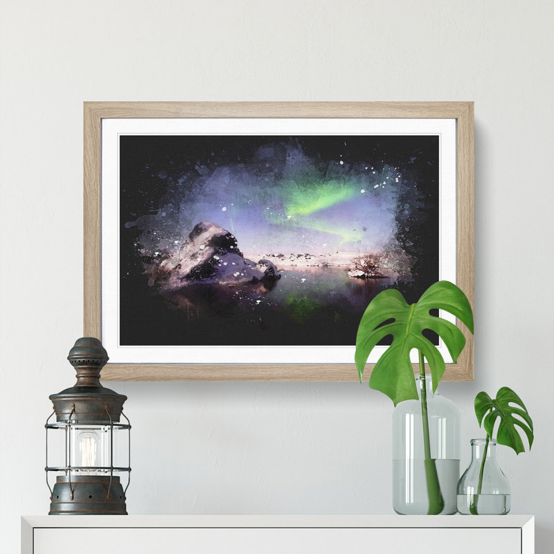 Northern Lights Aurora Borealis - Picture Frame Graphic Art Print, 33cm H x 45cm W x 2cm D, Oak Framed