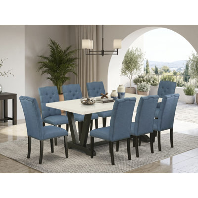 Ensemble de salle à manger 9 pièces comprenant une table rectangulaire à pieds en V et 8 chaises Parson rembourrées en lin bleu, 101,6 x 182,9 cm, multicolore