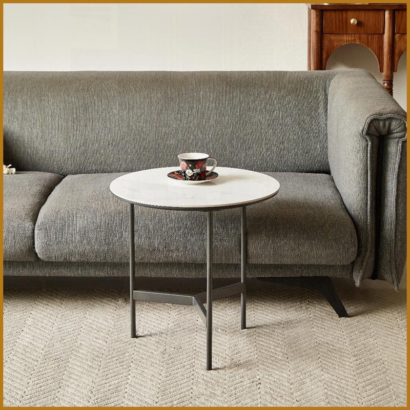 Petite table basse ronde avec structure en métal Plateau en pierre frittée - Facile à nettoyer, léger pour le balcon de la chambre à coucher du salon