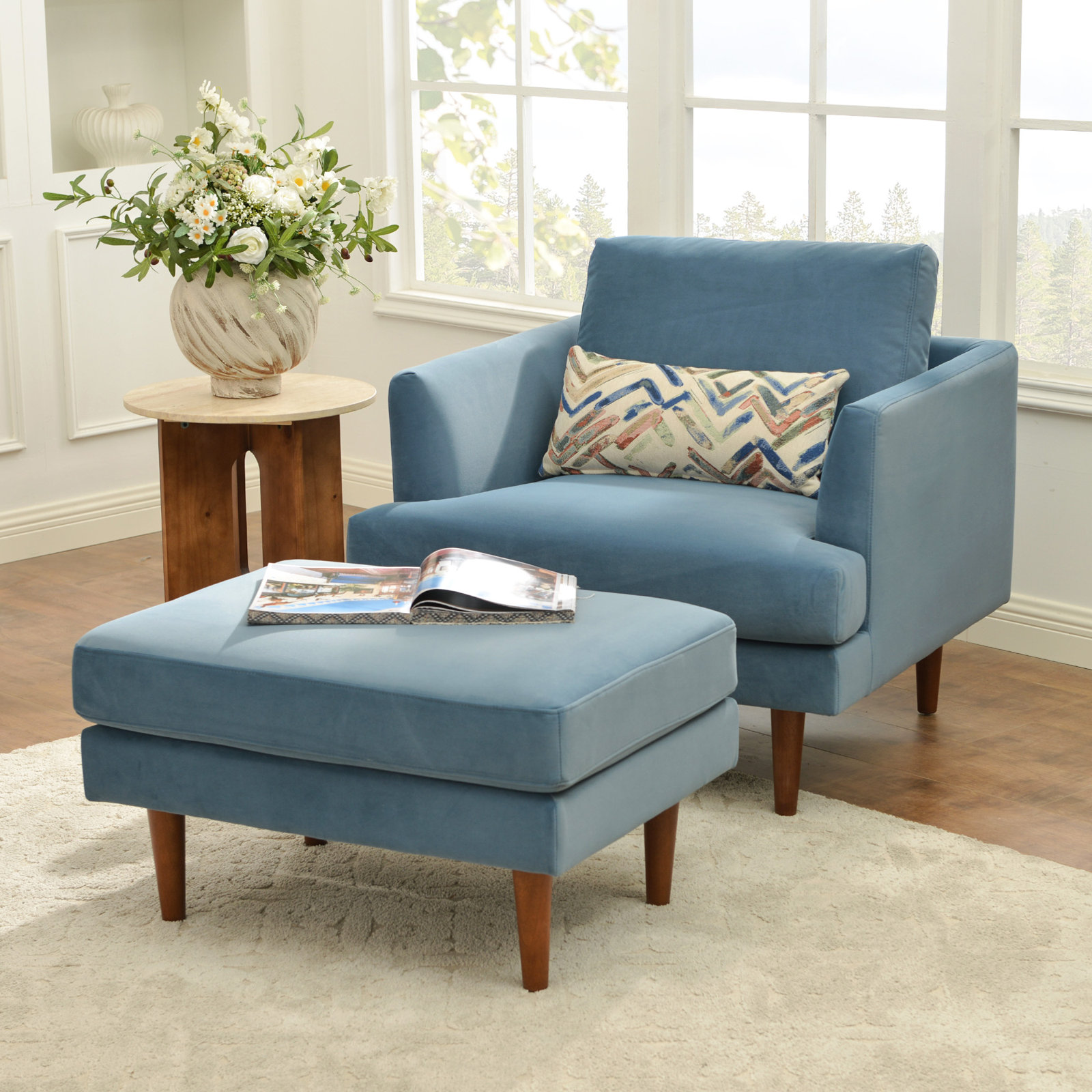 Miller 35'' W Upholstered Armchair With Ottoman, Blue Velvet