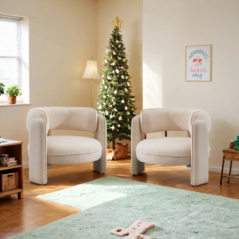 Fauteuil demi-tonneau rembourré 3 pieds Aylia, Velours beige