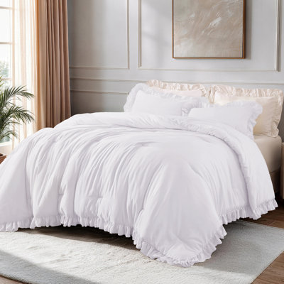 Édredon blanc grand lit Andency, ensembles d'édredon pour grand lit 3 pièces à volants, ensemble de lit toutes saisons léger et moelleux pour les filles, les femmes et les adolescents