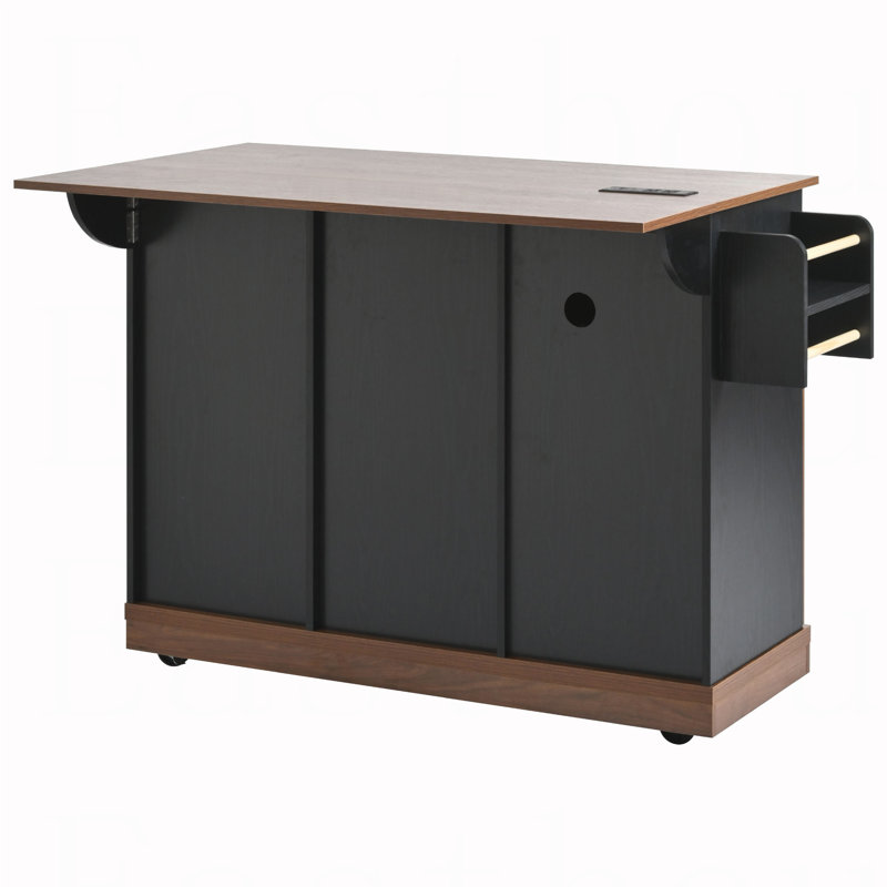 55.5" Farmhouse Kitchen Island with Drop Leaf, Kitchen Storage Island with Barn Door, Power Outlet, Rolling Kitchen Cart on Wheels with Spice Rack, for Home, Kitchen, Dining Room, Black