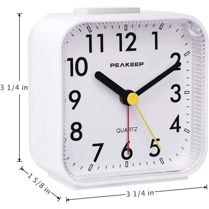 Small Battery Operated Analogue Travel Alarm Clock Silent No Ticking Lighted On Demand And Snooze Beep Sounds Gentle Wake Ascending Alarm, Easy Set (White)