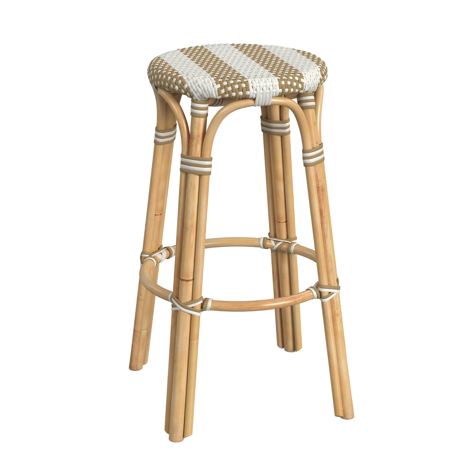 Alastair Bar & Counter Stool, Bar Stool (30" Seat Height), Tan/White Stripe/Natural Rattan Frame
