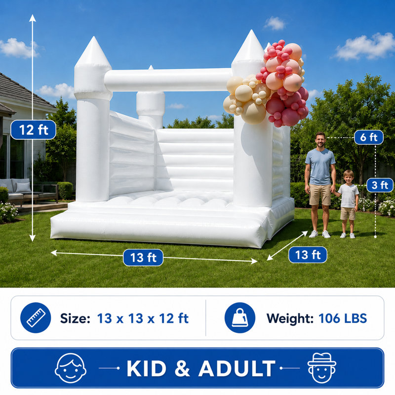 13FT Commercial Grade White Bounce House with Air Blower, Inflatable Bouncer for Weddings, Birthdays & Party Events, White