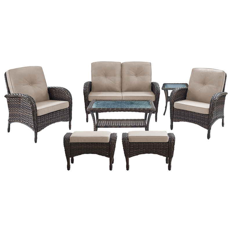Ensemble de conversation en osier 7 chaises d'extérieur avec causeuse en rotin, deux repose-pieds et tables d'appoint en osier