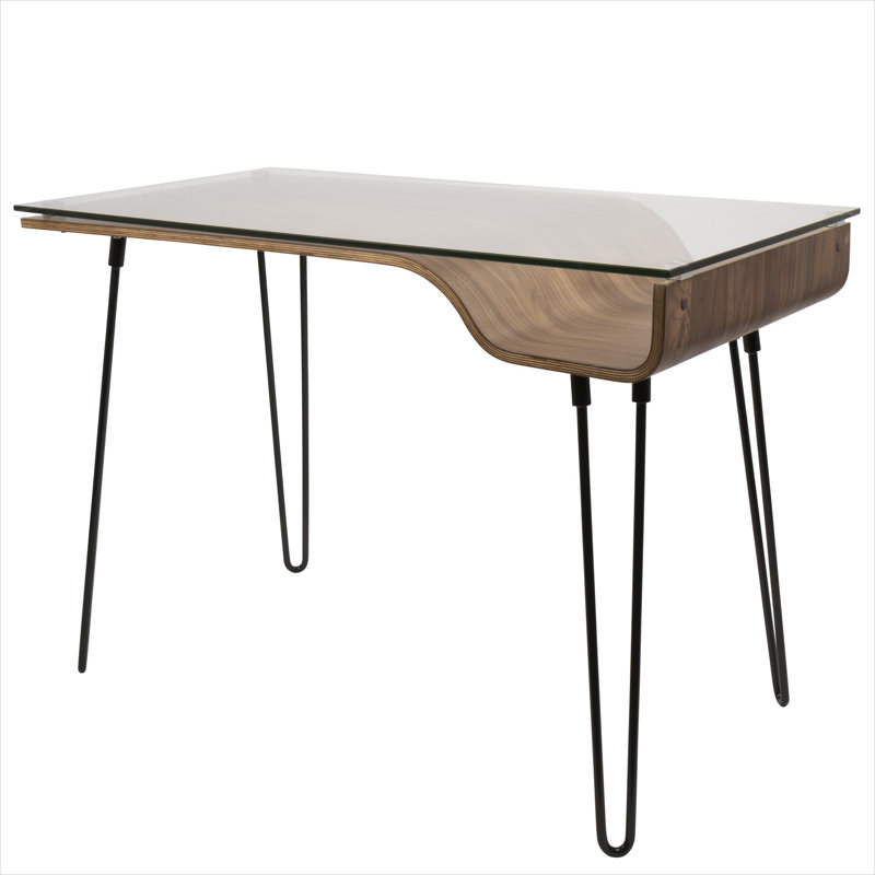 Bureau d'écriture classique en bois brun et verre avec pieds en épingle à cheveux, idéal pour les petits espaces, style Mid-Century moderne