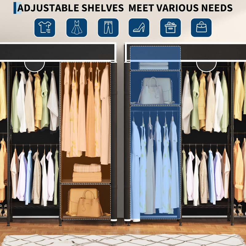 Portable Closet Wardrobe 70.87in, Carbon Steel Clothes Rack with Cover, 1100lb Capacity, Adjustable, Black