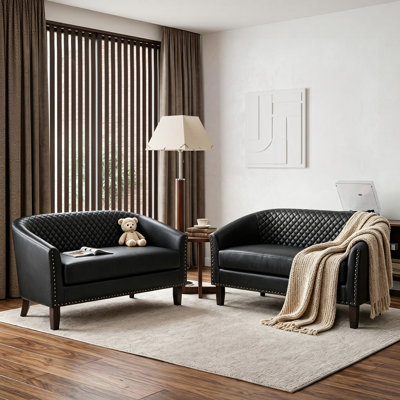 Curved Faux Leather Two-Seater Sofa With Solid Wood Frame