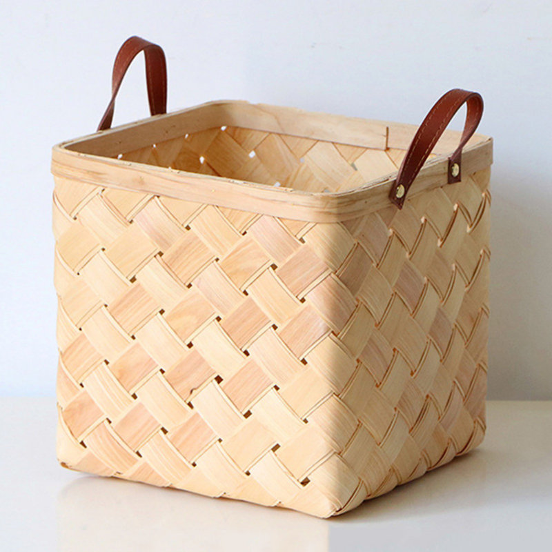 Panier à linge en bois Boîte de rangement de bureau avec poignée Puce de bois Paniers de fleurs Panier de rangement décoratif fait à la main Contenant de cuisine divers 30 * 30 * 24cm