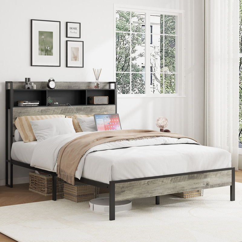 Structure de lit plateforme en bois de haute qualité avec rangement et 2 ports USB, sans bruit, sans sommier, facile à assembler
