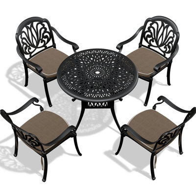 Outdoor Aluminum Patio Chairs And Table - Weather , Comfortable Seating With Cushions In Dark Color Cast Furniture Black, Protected, Stackable, Ergonomic For Four People