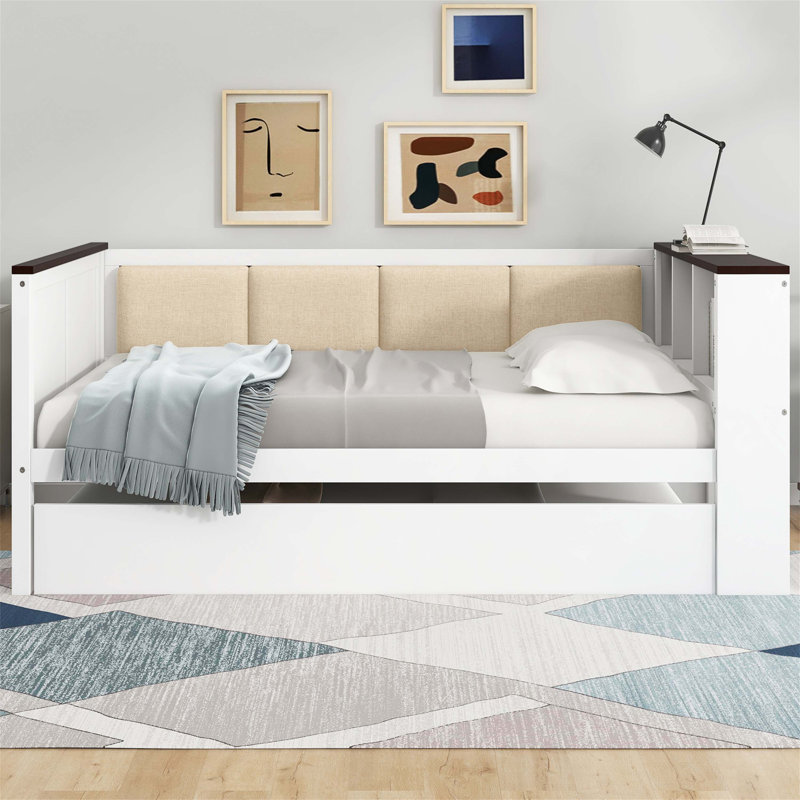 Full Size Wood Daybed With Storage Shelves, Upholstered Backrest, USB Charging, And Trundle, White, Full