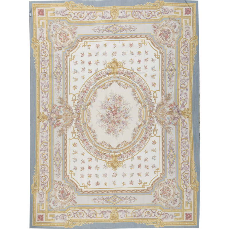 Tapis ivoire et bleu noué à la main de haute qualité