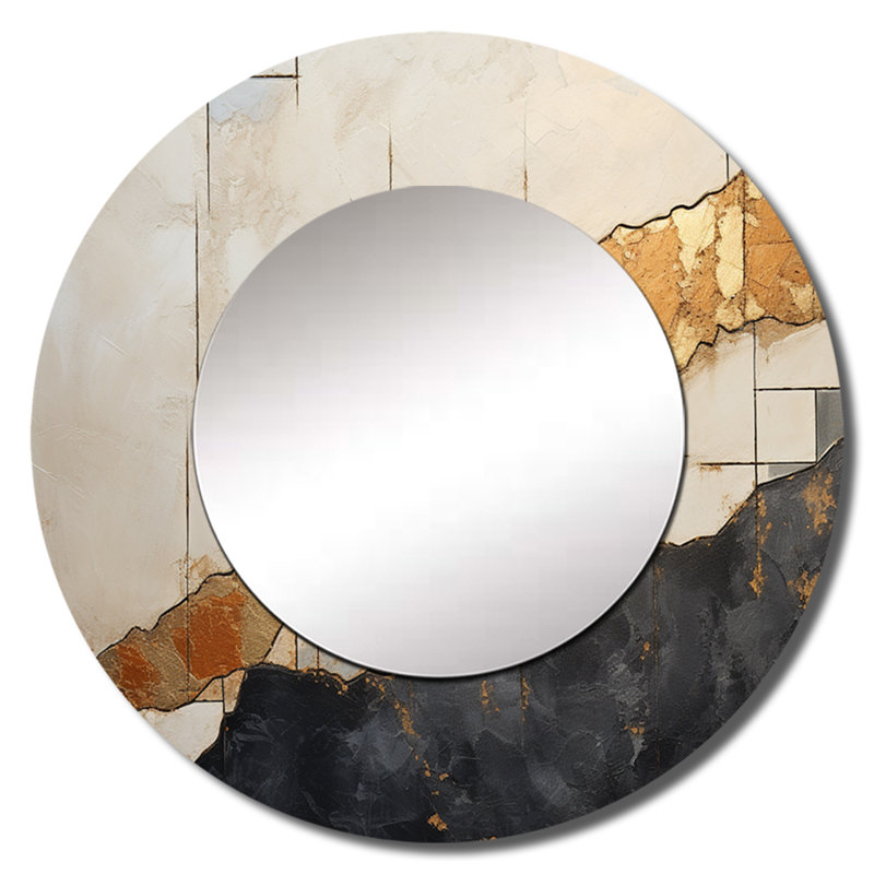 Noir noir orné Poteries VI - miroir mural abstrait en spirales, miroir décoratif rond moderne, impression d'art en métal