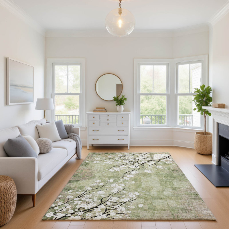 Premium Machine Washable Mayfield AMF2248 Floral Rug, Aloe, 3' x 5'