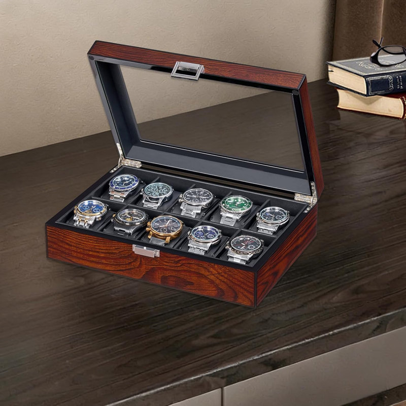 Boîte à montre, boîte à montre à 10 fentes avec grand couvercle en verre