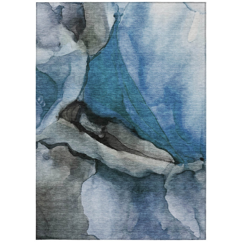 3' X 5' Blue And Gray Abstract Washable Indoor Outdoor Area Rug