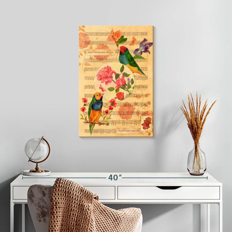 Brampt oiseaux chanteurs et roses, H 24 po x l 16 po