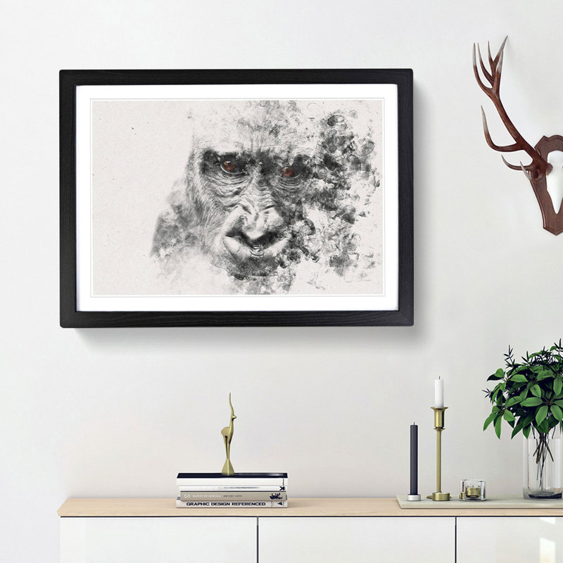 Gorilla with Brown Eyes - Picture Frame Painting Print on MDF, 36cm H x 48cm W x 2cm D, Black Framed