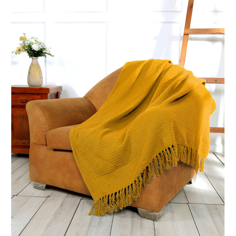 Jeté luxueux en coton tissé gaufré toutes saisons avec franges, Blanc