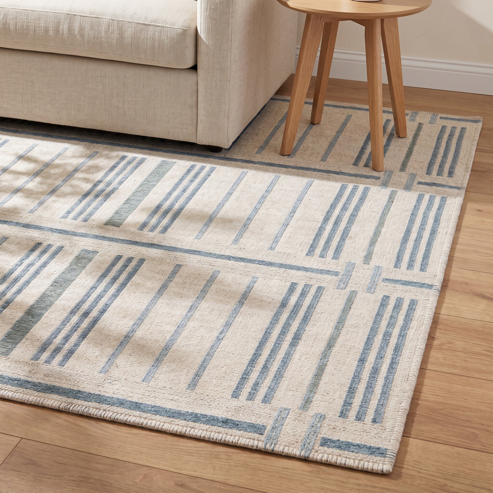 Claudina Blue Ivory Striped Rug, Rectangle 5'3" x 7'