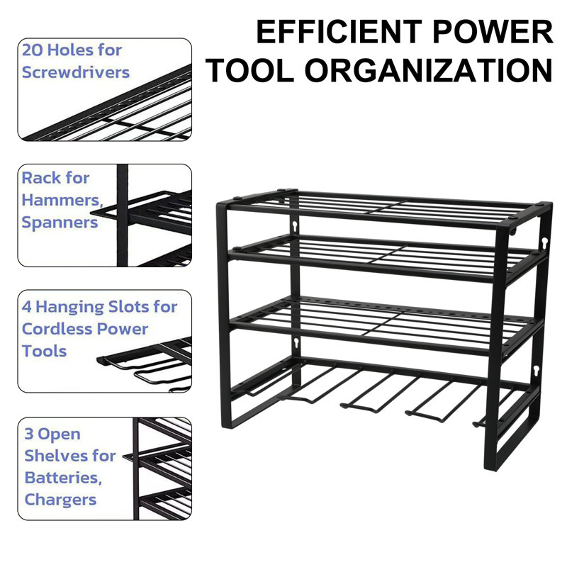 4 Layer Power Tool Organizer, Heavy Duty Wall Mount Power Tool Organizer with 4 Slots for Garage Shed