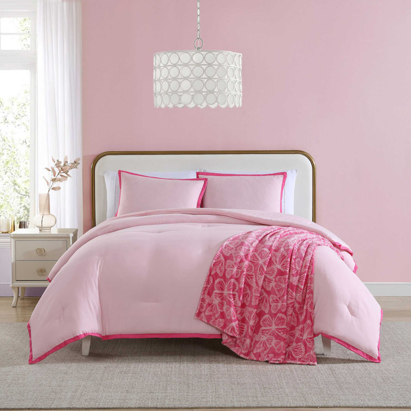 Betsey Johnson Signature Solid Reversible Comforter Set, Twin Comforter + 2 Additional Pieces, Pink/Pink