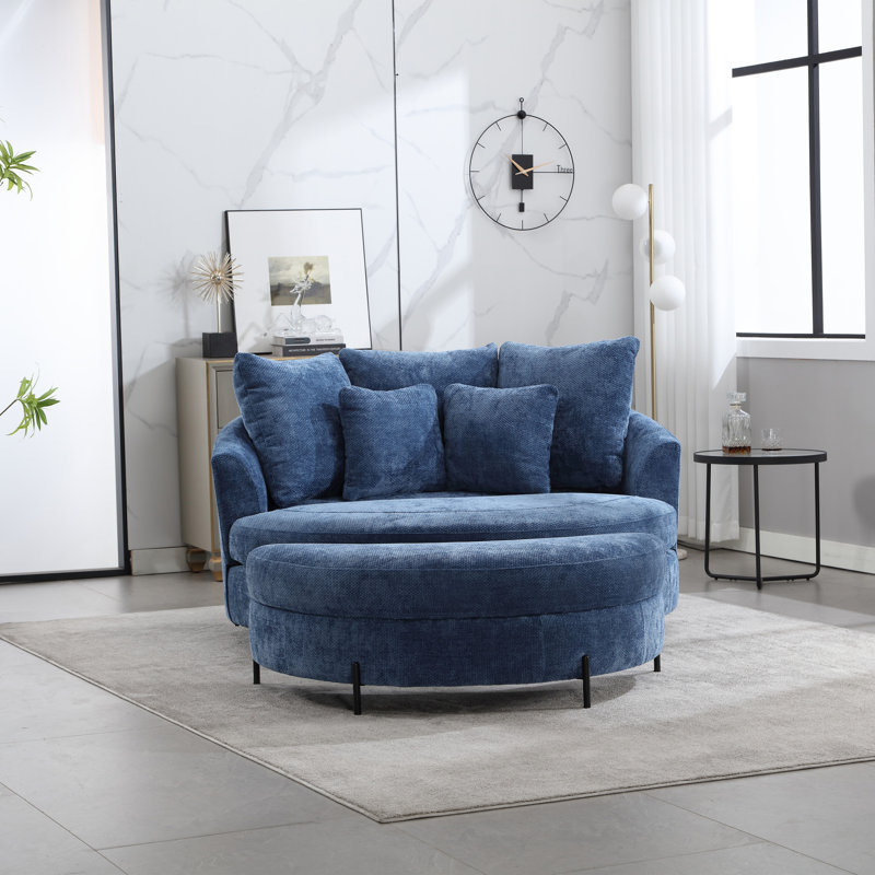 Slipcovered Barrel Chair With Ottoman, Blue Chenille