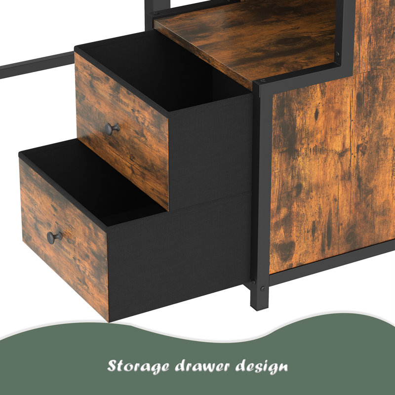 Lit mezzanine double avec bureau et tiroirs de rangement en tissu non tissé, structure de lit mezzanine en métal avec échelles, sans sommier et sans sommier