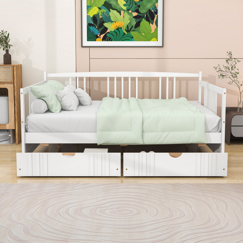 Full Size Wood Daybed with Dual Drawers and Slats, White