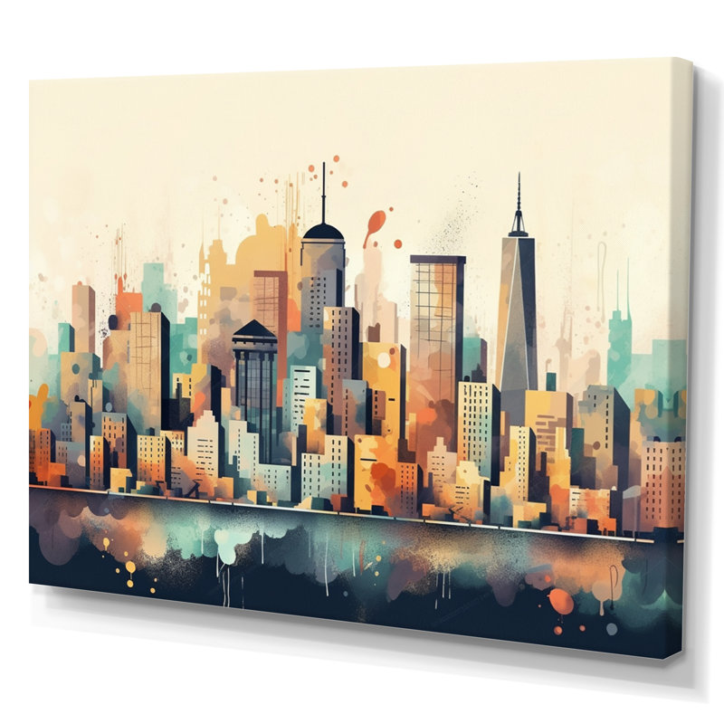 Colorful City Skyline2 - salon d'art mural urbain, H 12 po x l 20 po x P 1 po, Toile tendue