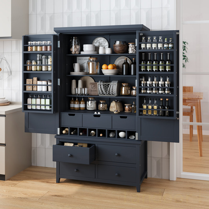 Grande armoire de rangement autoportante en bois avec 8 portes, 3 tablettes réglables, 7 tiroirs et 8 porte-bouteilles, Gray