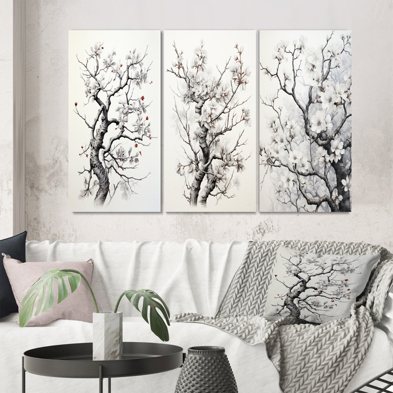 «Grey White Tree Graphite Whispers», 3 pièces sur toile, Encadrement doré, H 28 po x l 36 po